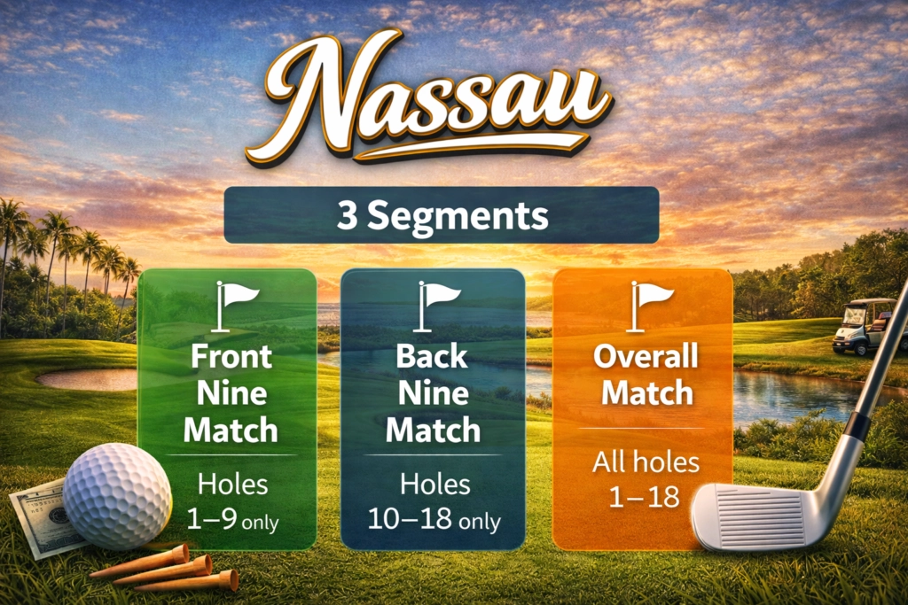Basic Nassau golf rules explained. There are 3 segments: front nine, back nine, and overall 18 holes.