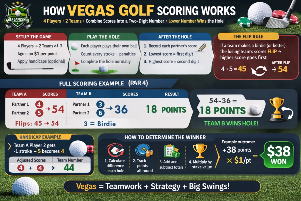 How Vegas Golf Scoring Works with full rules using an example, includes flip rule explanation.