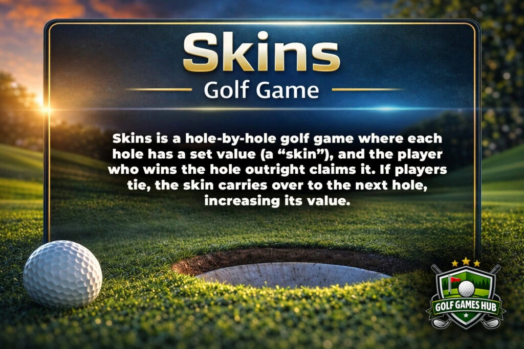  Skins Golf Game Definition: Skins is a hole-by-hole golf game where each hole has a set value (a “skin”), and the player who wins the hole outright claims it. If players tie, the skin carries over to the next hole, increasing its value.