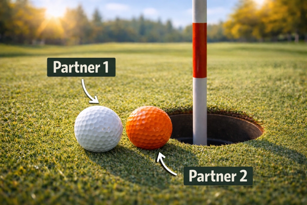 Two different colored golf balls demonstrating partner 1 and partner 2 for Chapman