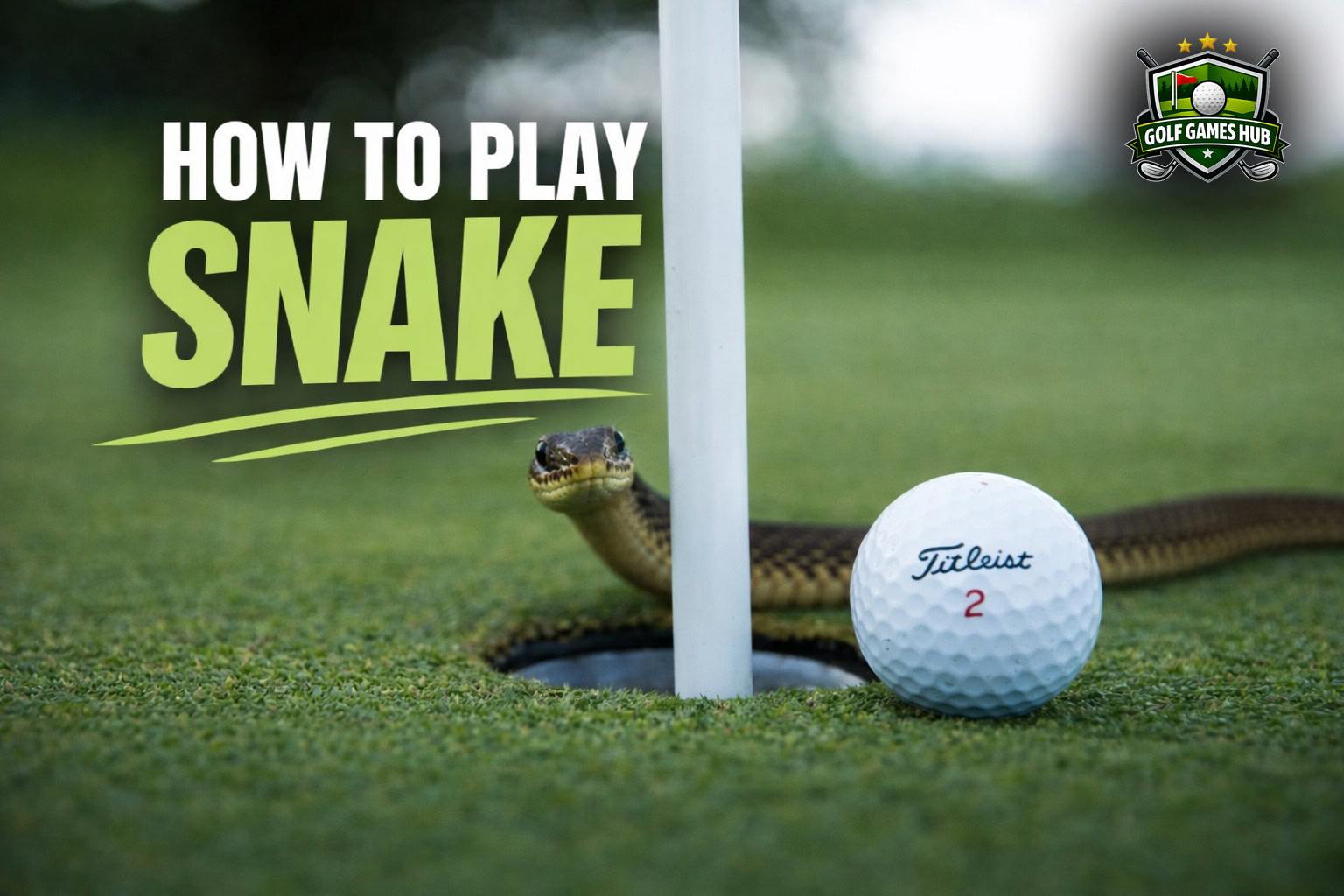 Four golfers on a putting green playing the Snake golf game, with one player three-putting and holding the snake