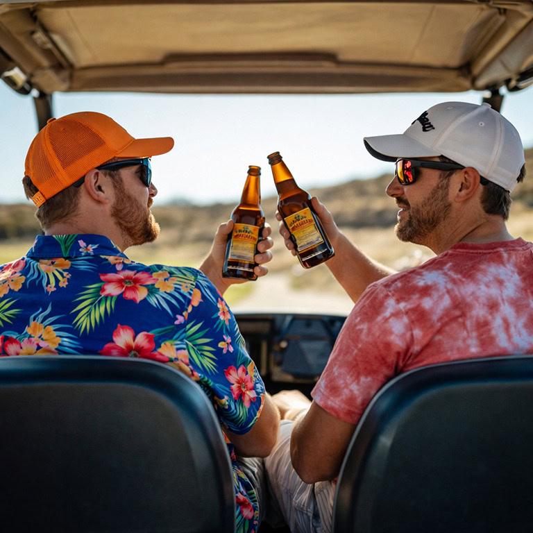 Two golfers drinking in a cart during a betting game