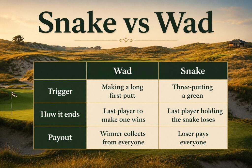 Snake vs Wad golf betting game comparison chart showing triggers, payouts, and how each putting side game is won or lost on the golf course