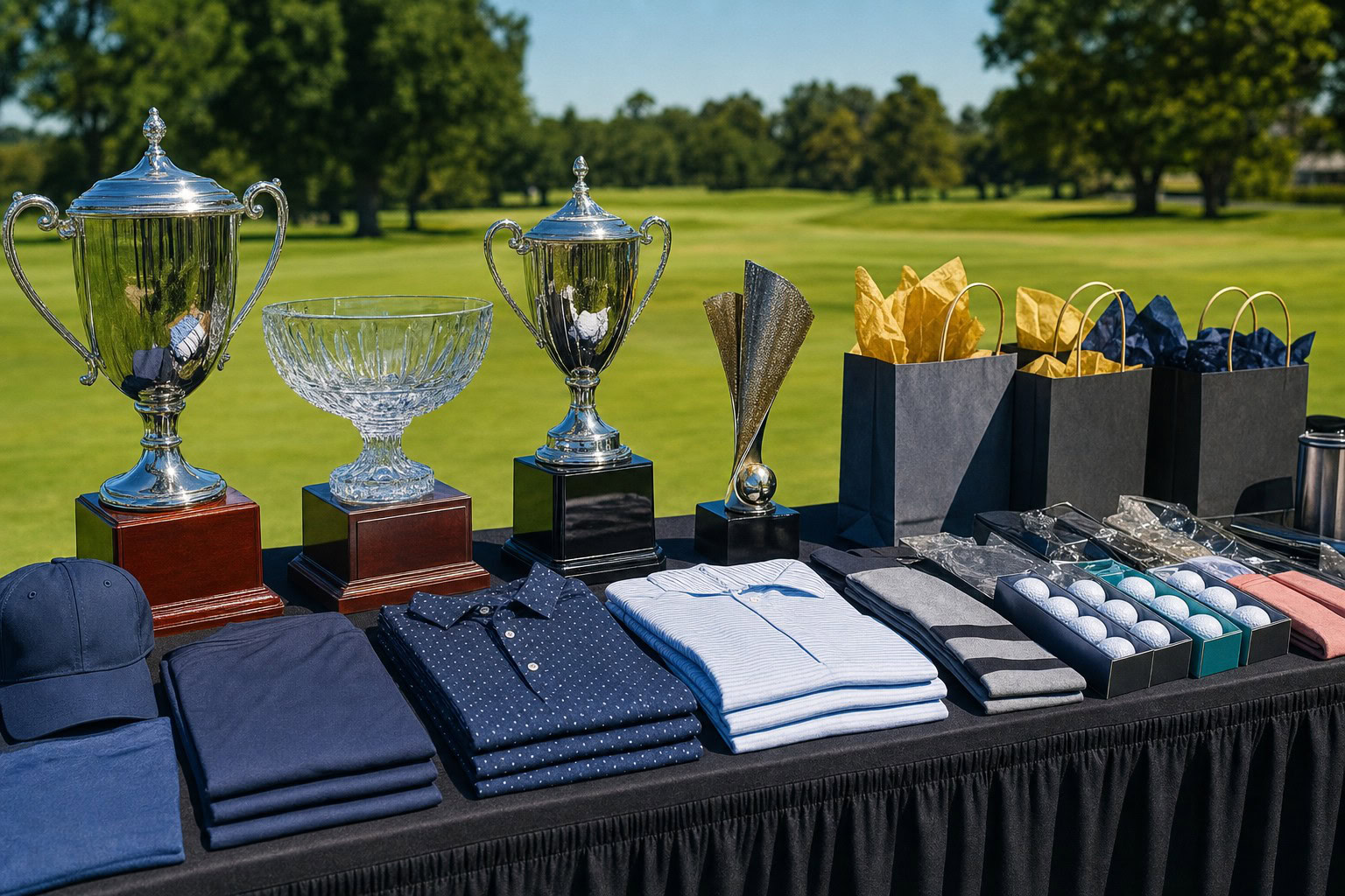 A prize and awards table with trophies, gift bags, and golf gear at a charity tournament