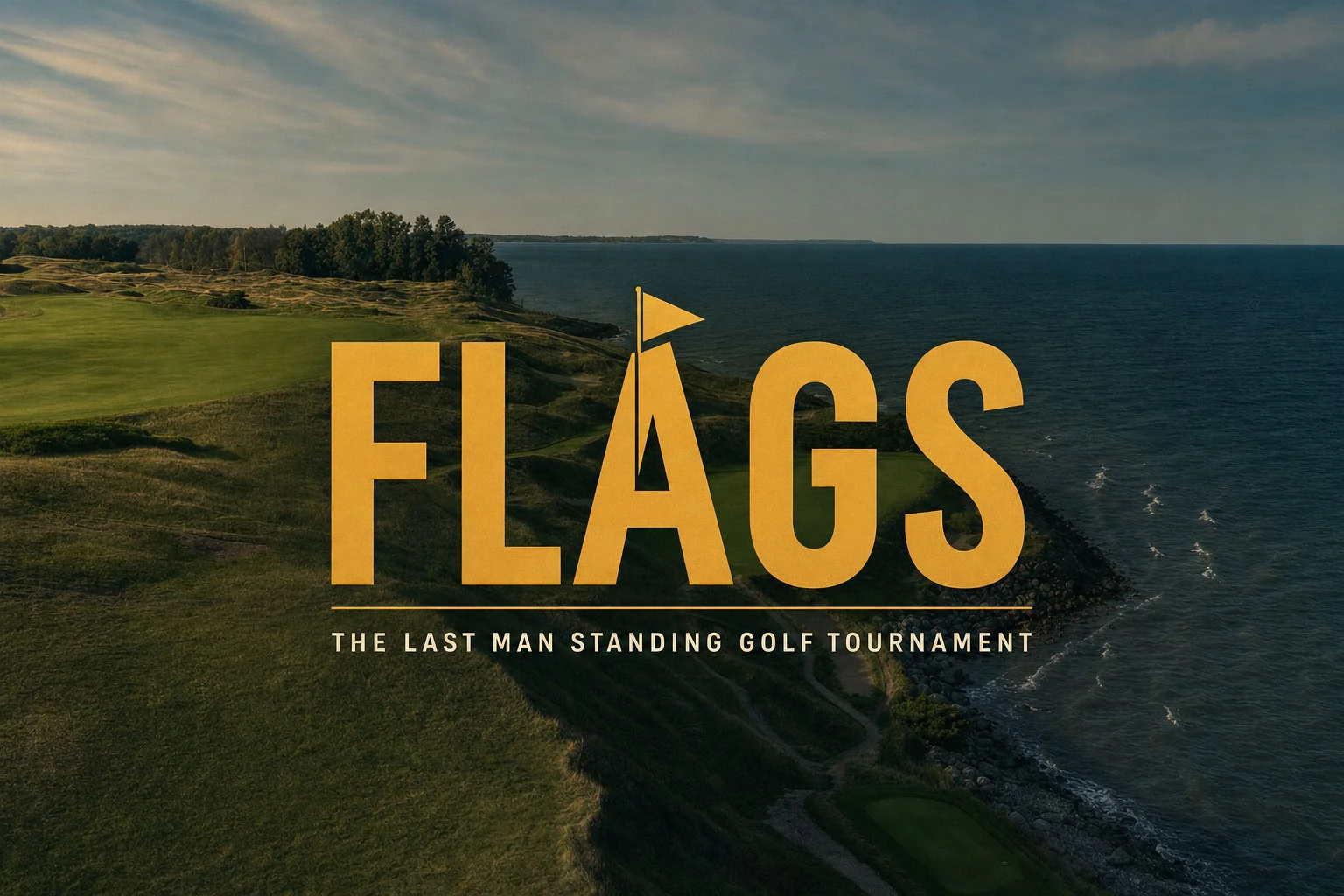 Flags golf tournament cover art, the last man standing golf format, gold title over a lakeside links hole