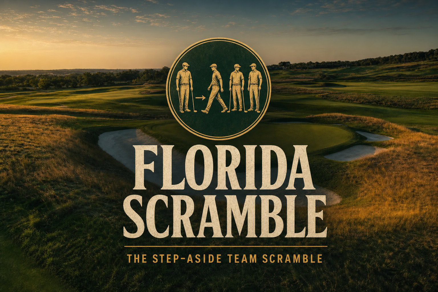 Florida Scramble golf format cover with a gold emblem of four golfers with one stepping aside, over a golden-hour green