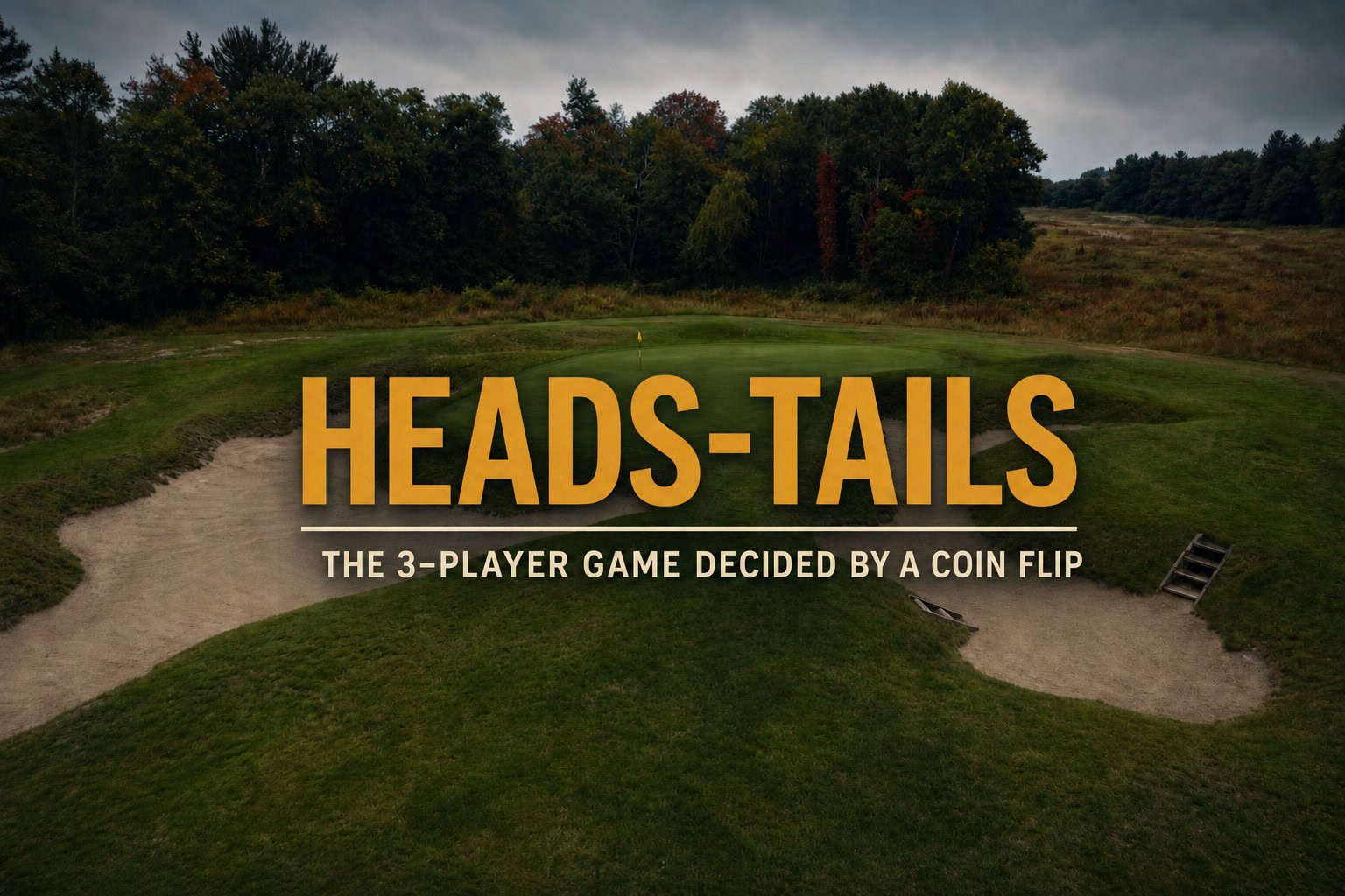 Heads-Tails golf game cover showing a classic bunkered green with the title Heads-Tails and the subtitle The 3-Player Game Decided by a Coin Flip