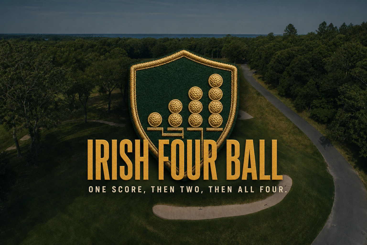 Irish Four Ball golf format cover, an embroidered blazer patch showing an ascending count of golf balls over a parkland golf hole