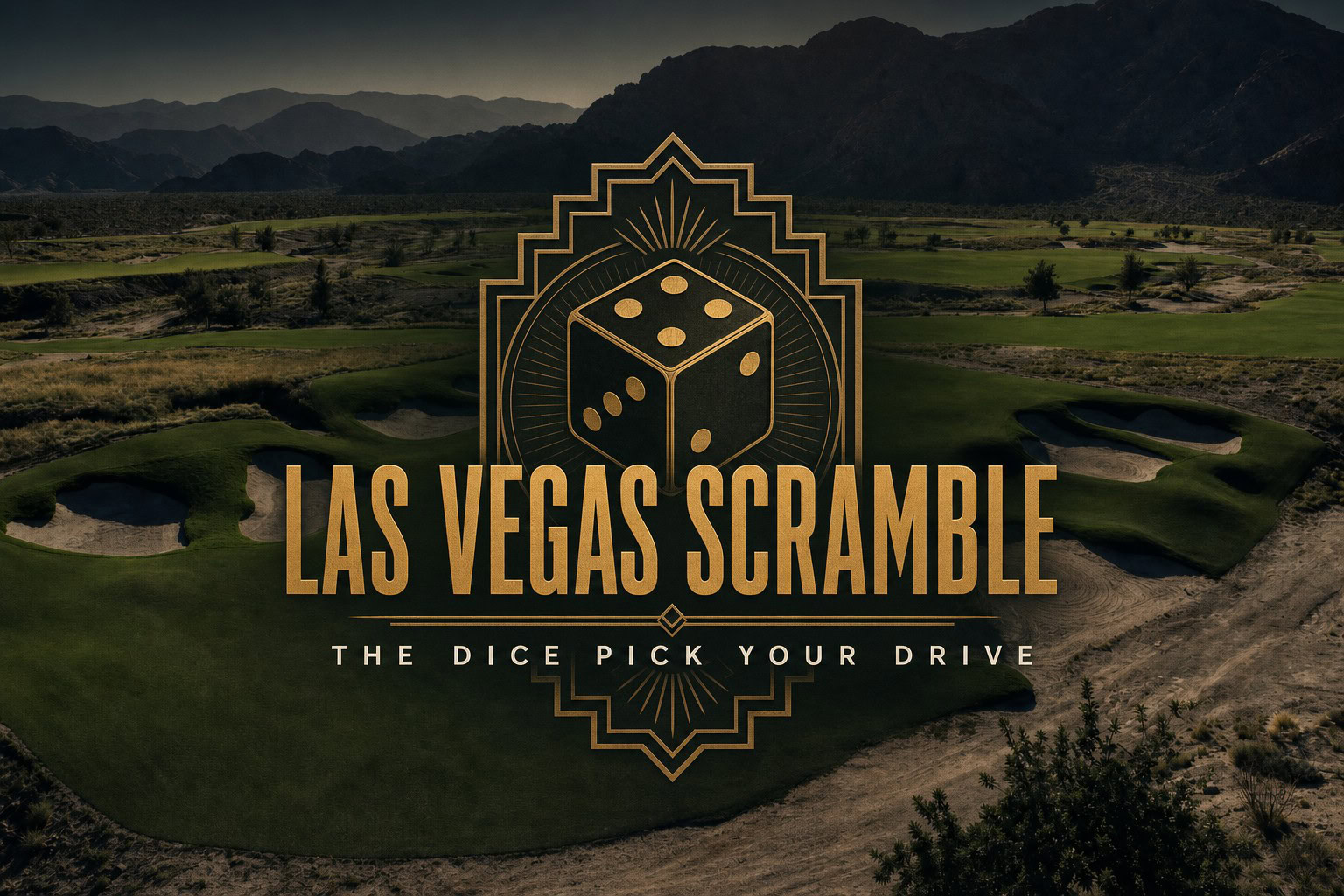 Las Vegas Scramble golf format cover, art deco dice emblem over a desert golf hole